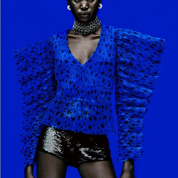 H&M Tops - H&M Vibrant Blue Polka Dot Plisse Blouse